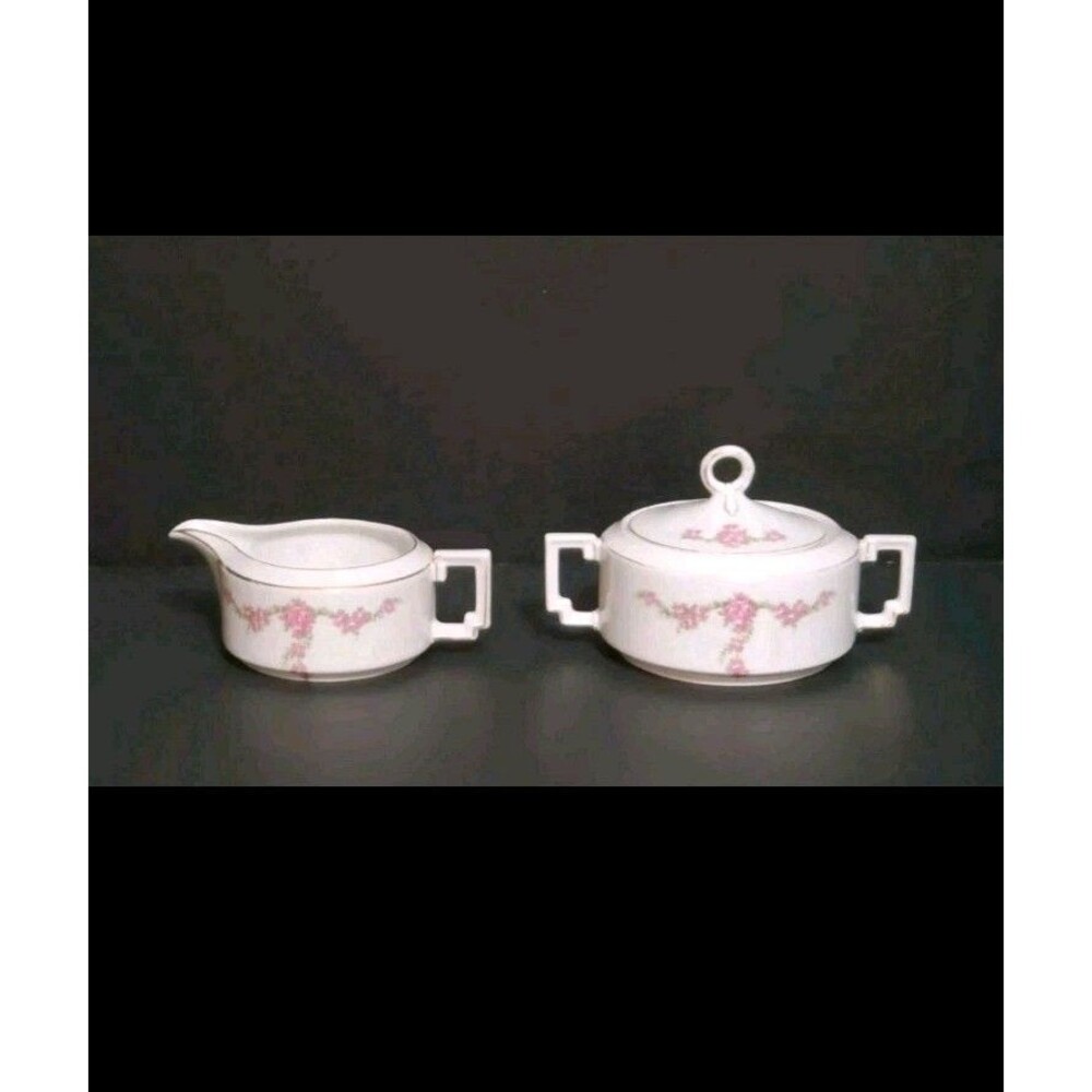 Heinrich Co Sugar Bowl Creamer Set Rosalinda Pink Roses Bavaria Germany 2Pk Vtg